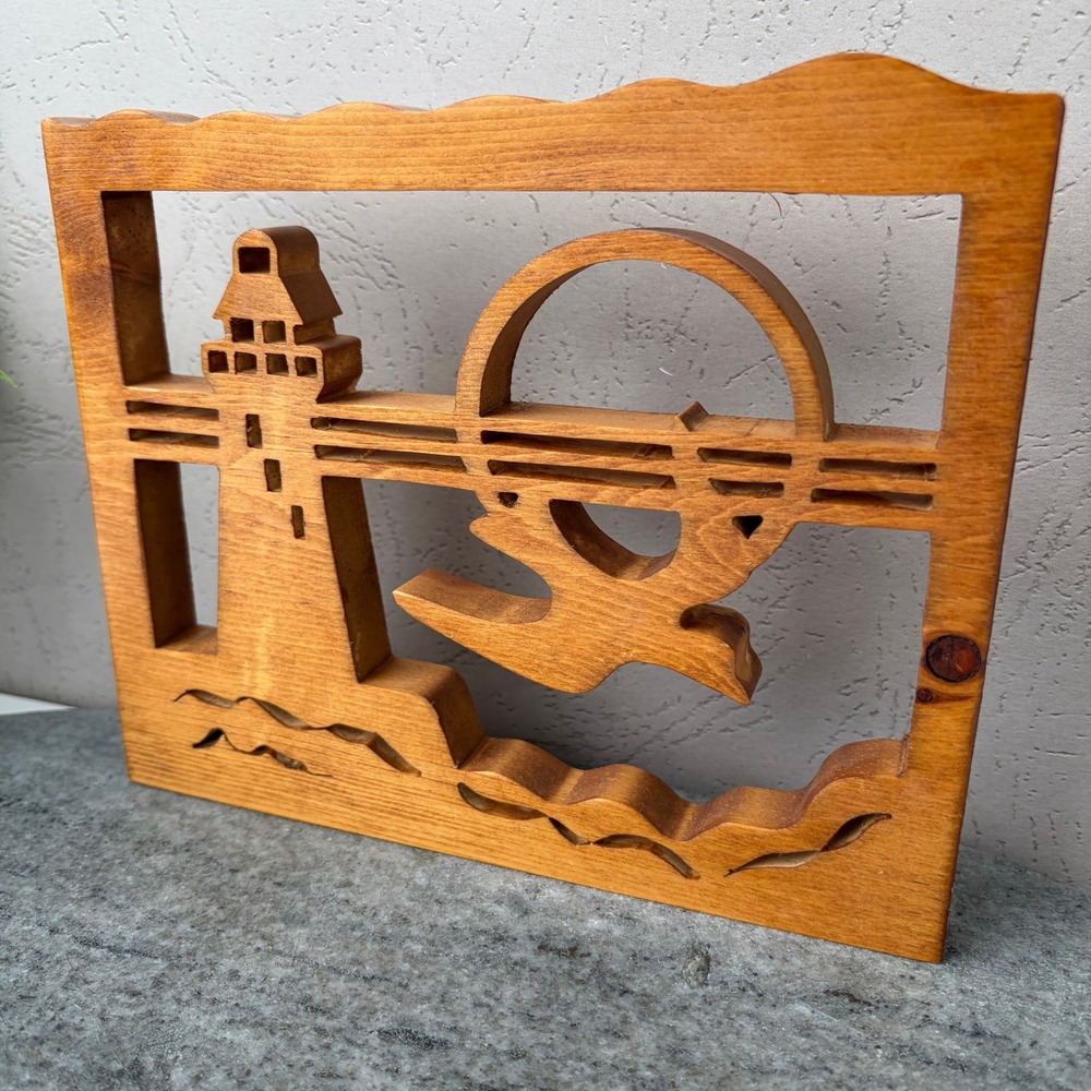 Vintage Hand Carved Wood Nautical Lighthouse Seagull Sun Wall Art Decor 9x7.5
